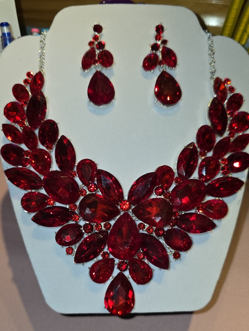 Red Glass Statement Necklace and Earring Set